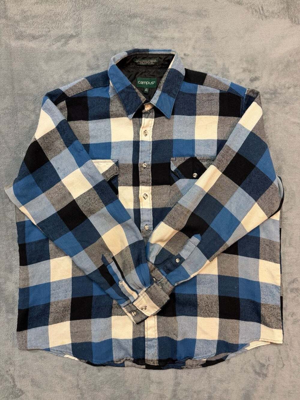 Campus Vintage Blue Black White Plaid Flannel Button Down Shirt Quilted Lined 2X